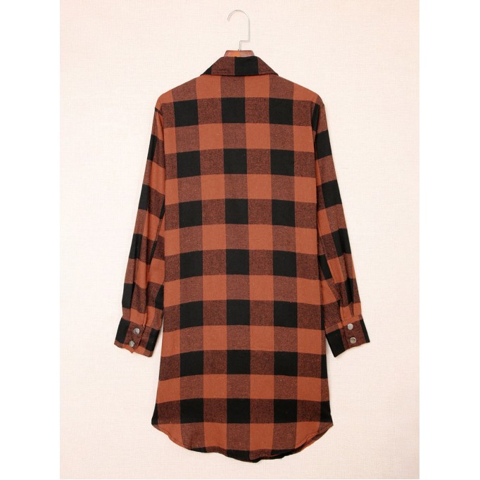 Brown Turn-down Collar Plaid Shirt Coat