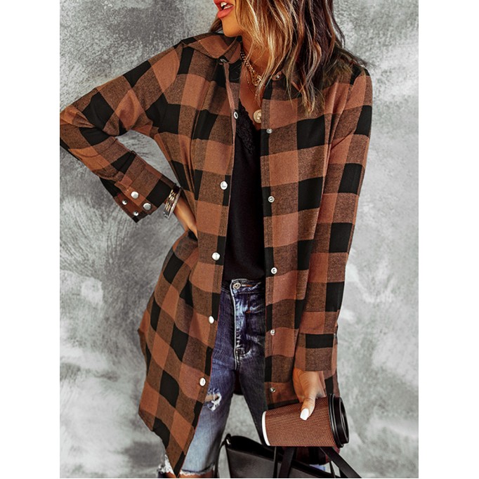 Brown Turn-down Collar Plaid Shirt Coat