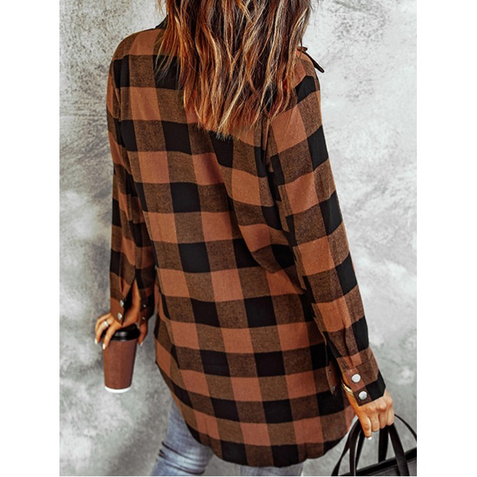 Brown Turn-down Collar Plaid Shirt Coat