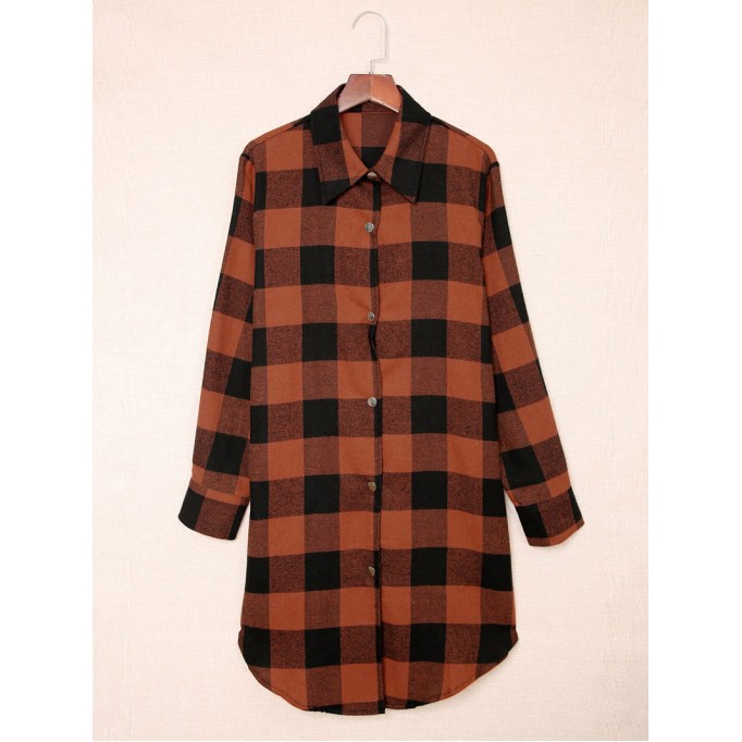 Brown Turn-down Collar Plaid Shirt Coat