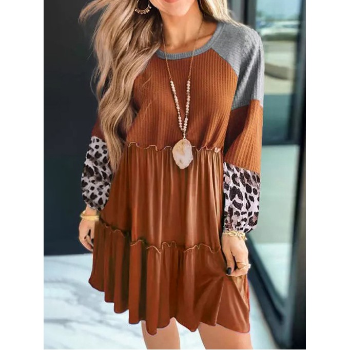 Brown Waffle Knit Leopard Patchwork Long Sleeve Dress