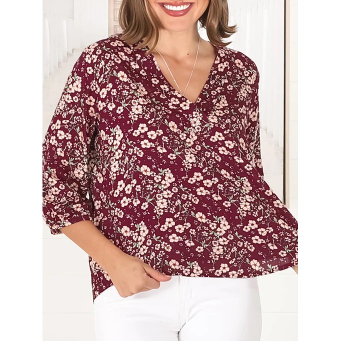 Burgundy short sleeve Bohemian floral shirt