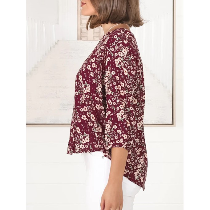 Burgundy short sleeve Bohemian floral shirt