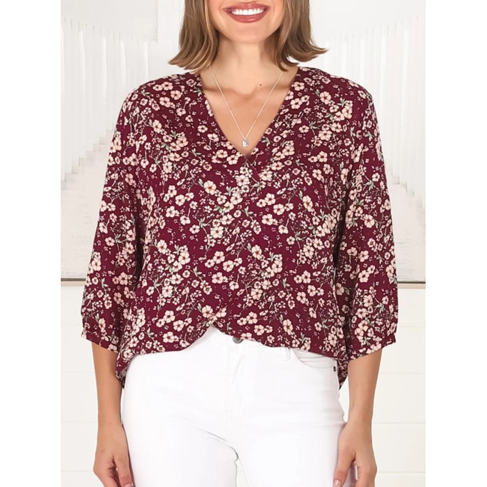 Burgundy short sleeve Bohemian floral shirt