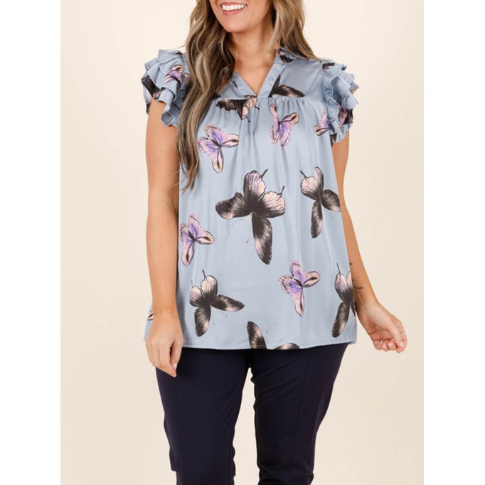 Butterfly printed layered ruffled short sleeved shirt