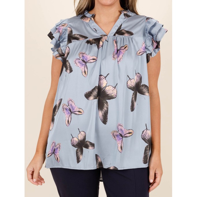 Butterfly printed layered ruffled short sleeved shirt