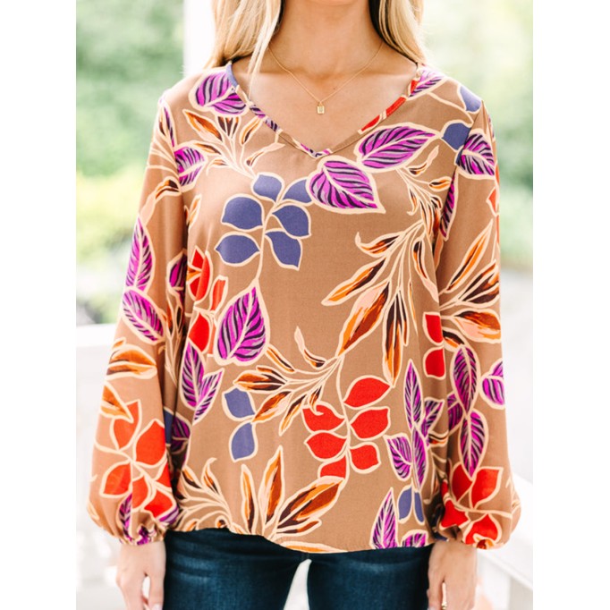 Camel Brown Floral Blouse