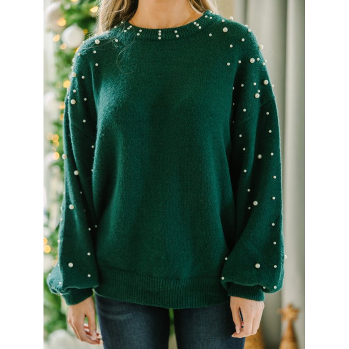 green pearl embellished sweater