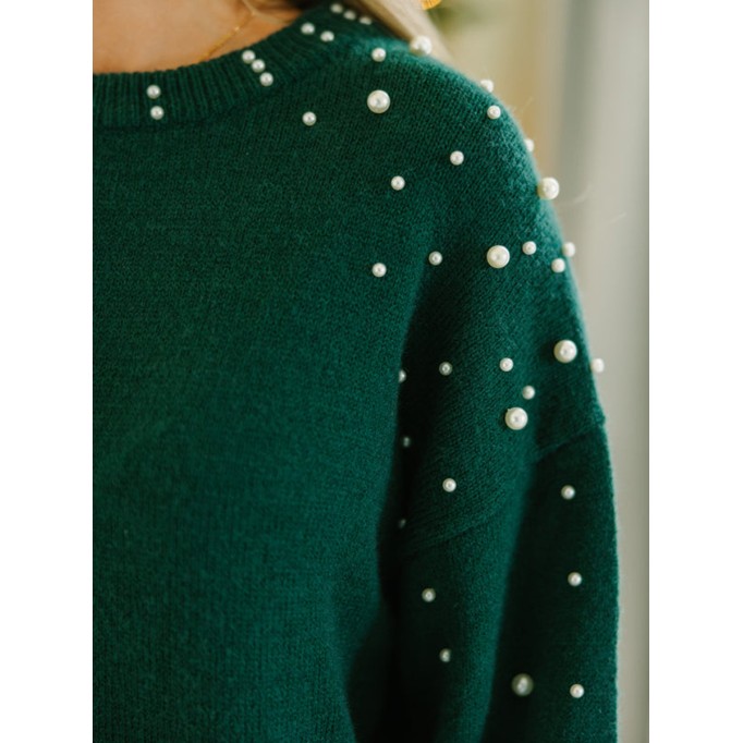 green pearl embellished sweater