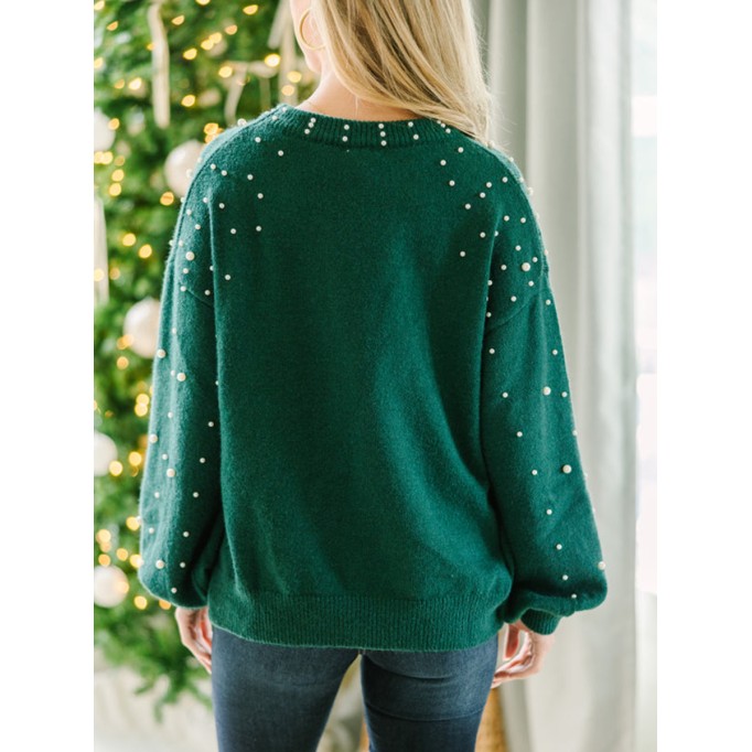 green pearl embellished sweater