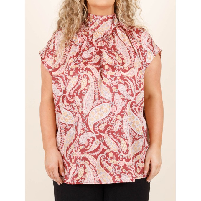 Cashew print lace up high neck short sleeved shirt