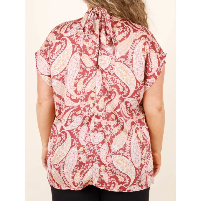 Cashew print lace up high neck short sleeved shirt