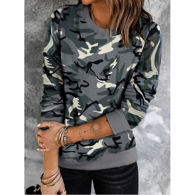 Casual camouflage print crew neck sweatshirt
