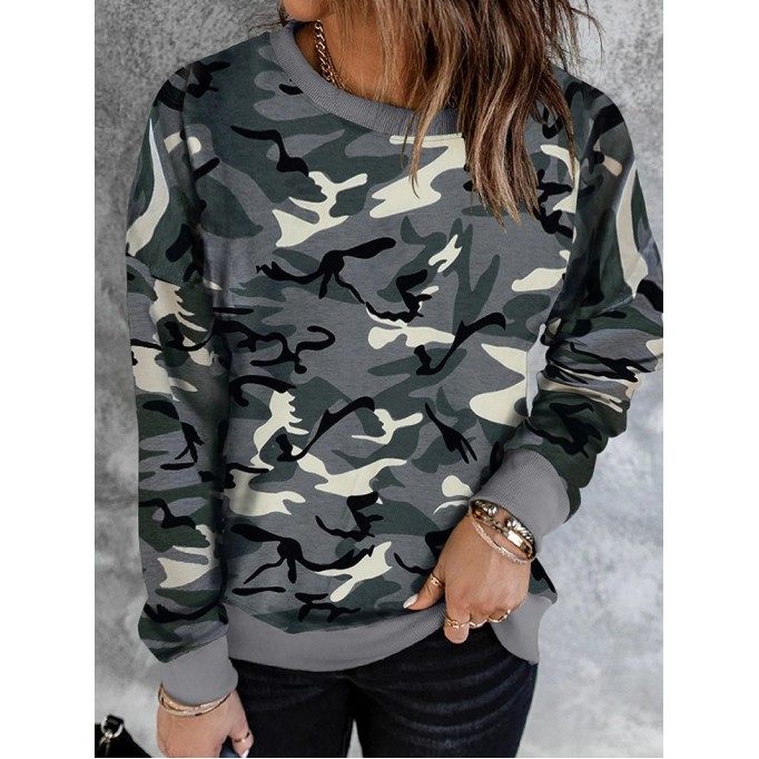 Casual camouflage print crew neck sweatshirt