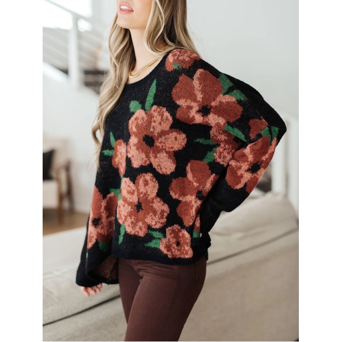 Casual contrasting floral pattern solid color sweater