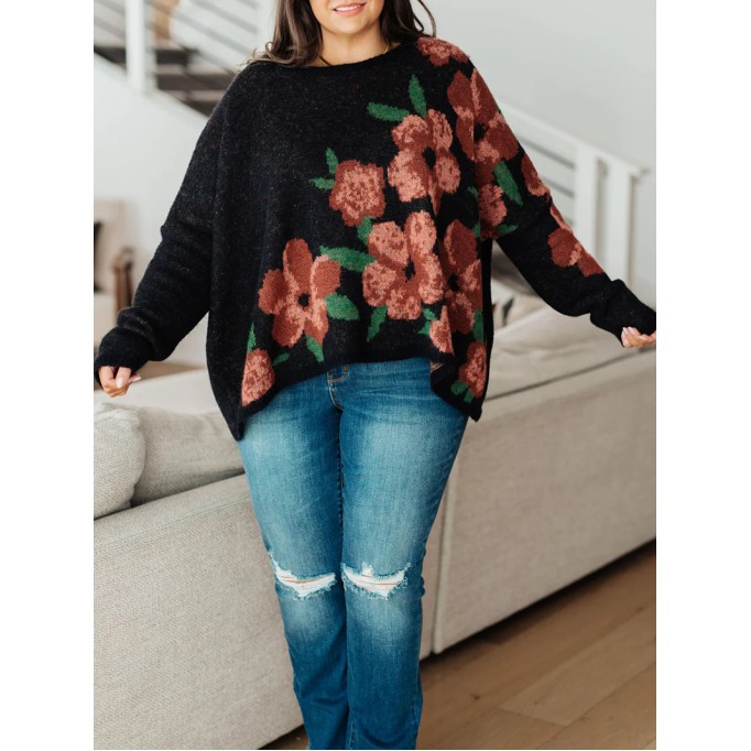 Casual contrasting floral pattern solid color sweater