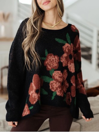 Casual contrasting floral pattern solid color sweater