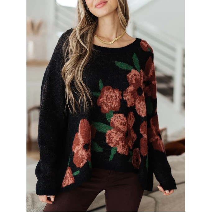 Casual contrasting floral pattern solid color sweater