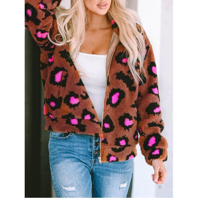 Casual contrasting leopard print sherpa jacket