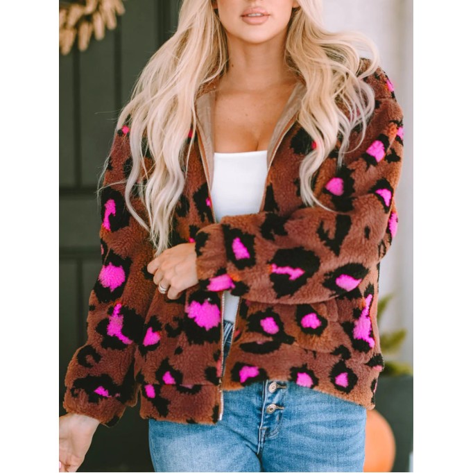 Casual contrasting leopard print sherpa jacket