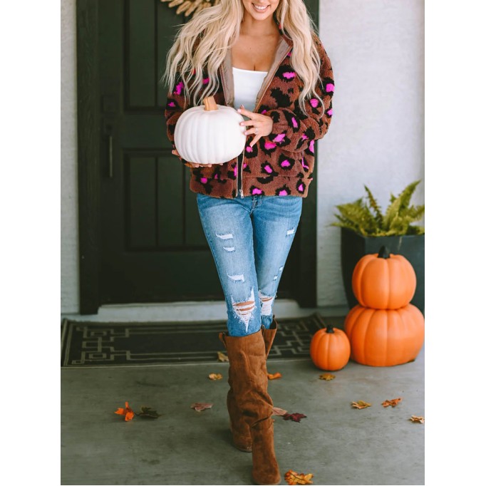 Casual contrasting leopard print sherpa jacket