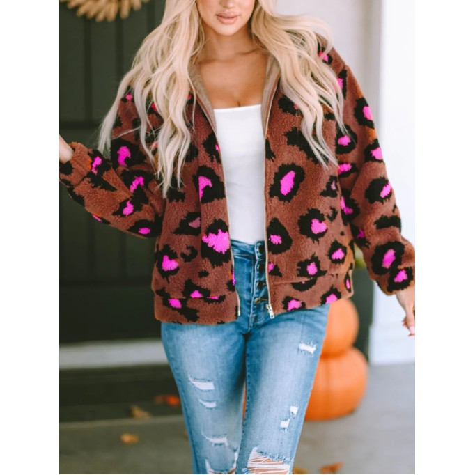 Casual contrasting leopard print sherpa jacket