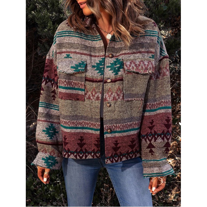 Casual contrasting retro print pocket jacket