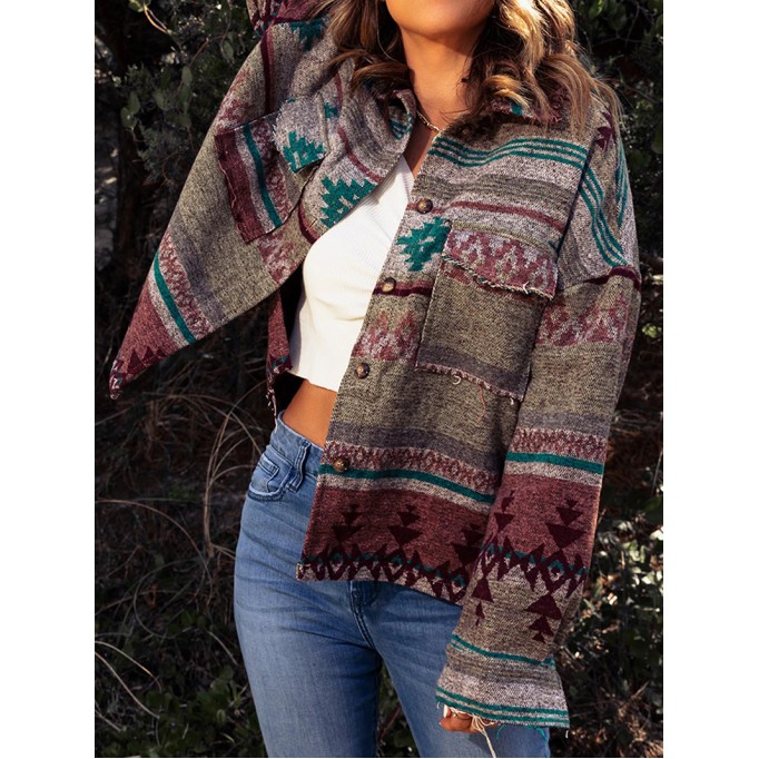 Casual contrasting retro print pocket jacket