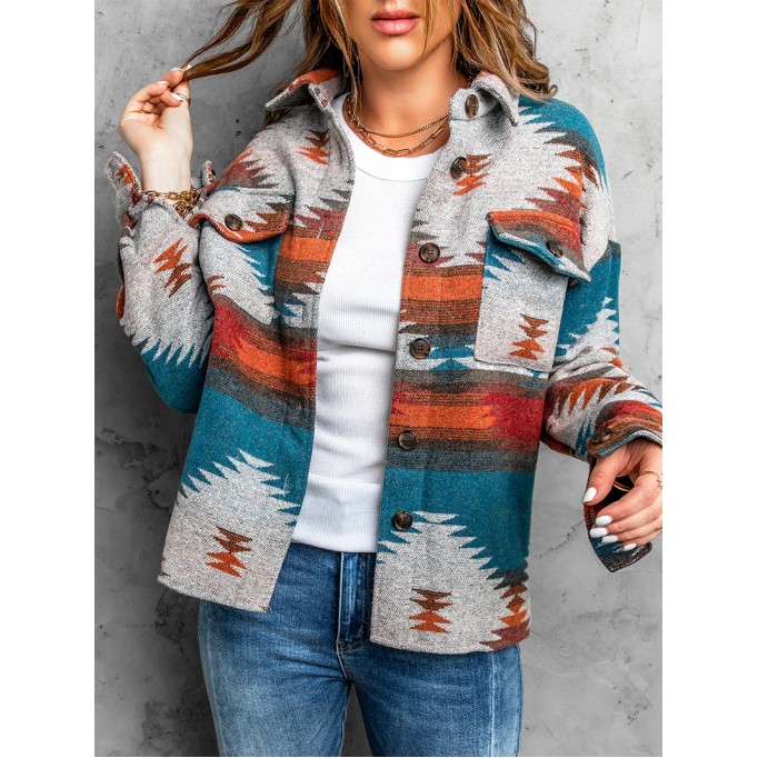 Casual ethnic print pocket long sleeve jacket