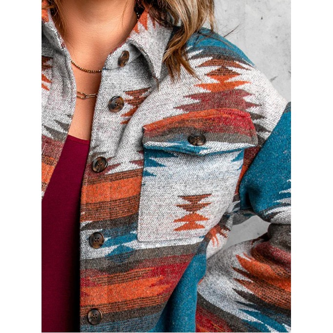 Casual ethnic print pocket long sleeve jacket