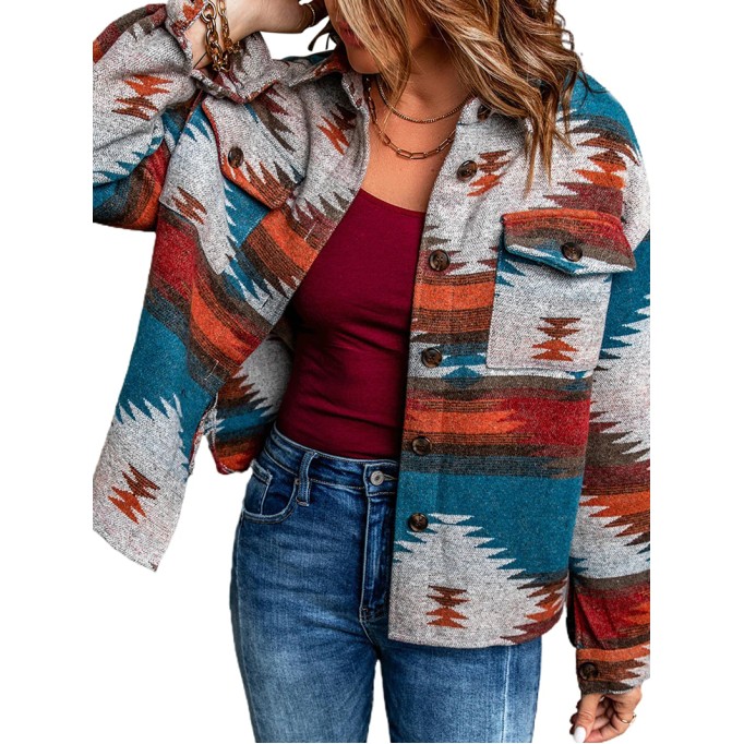 Casual ethnic print pocket long sleeve jacket