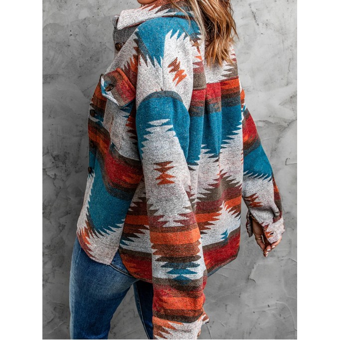 Casual ethnic print pocket long sleeve jacket