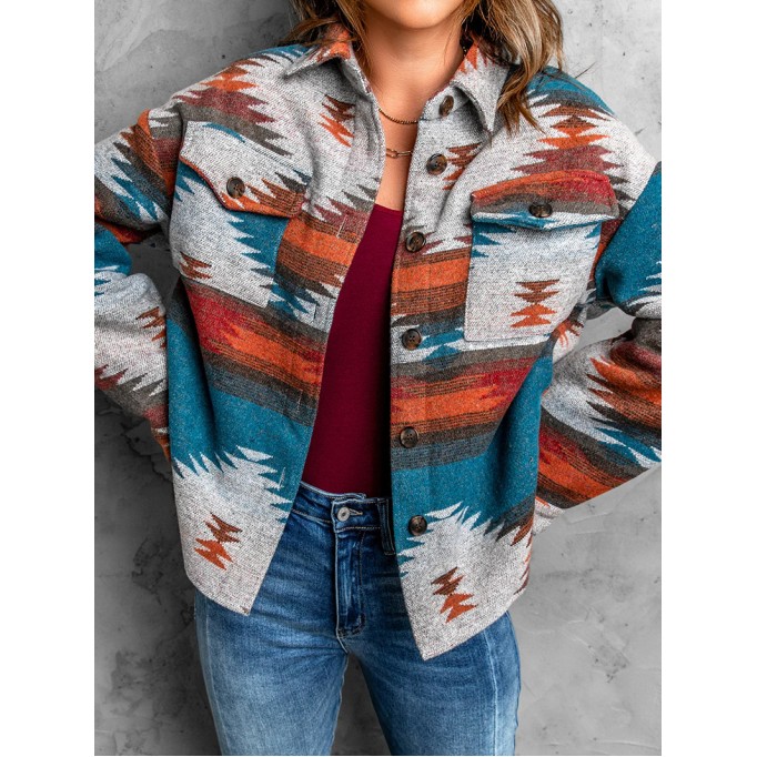 Casual ethnic print pocket long sleeve jacket