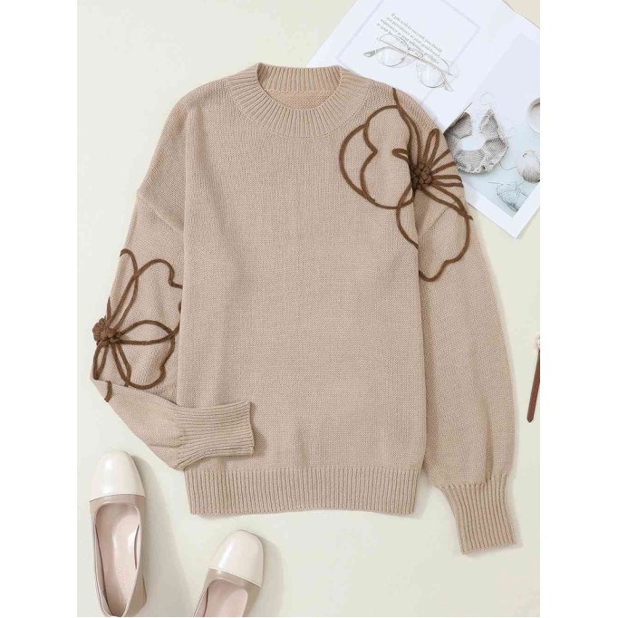 Casual floral pattern solid color sweater