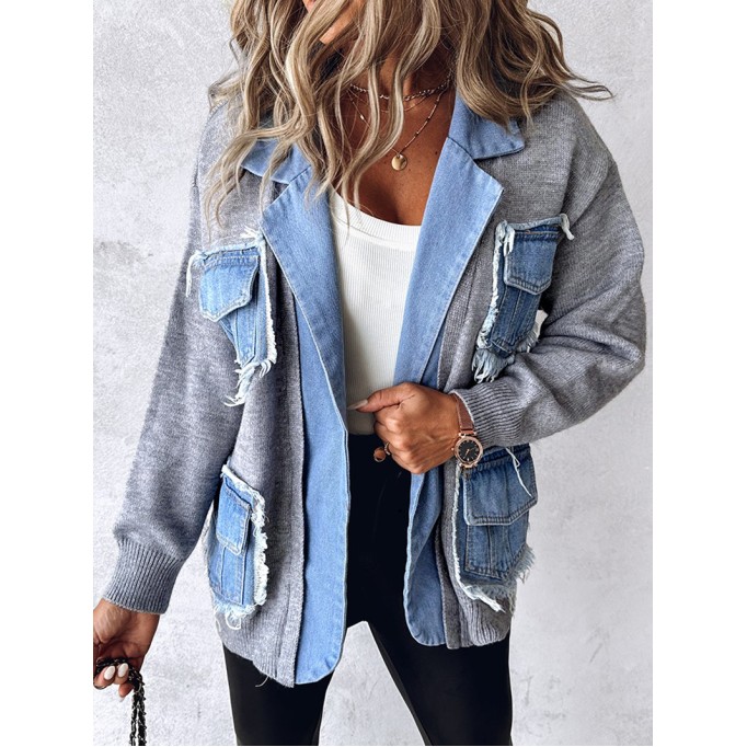 Casual knitted patchwork denim jacket