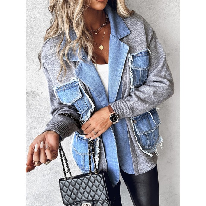 Casual knitted patchwork denim jacket