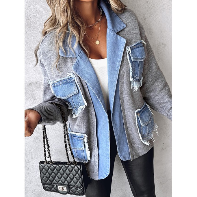 Casual knitted patchwork denim jacket