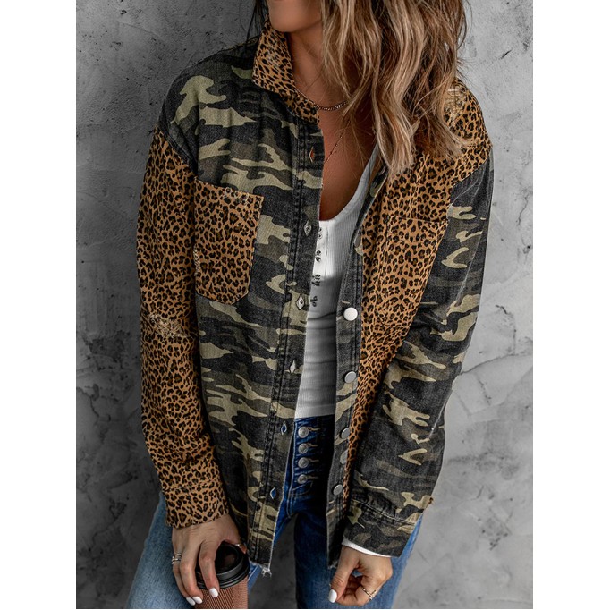 Casual leopard print patchwork camouflage jacket
