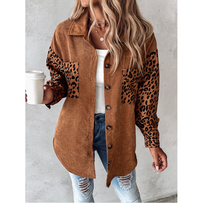 Casual leopard print patchwork corduroy jacket