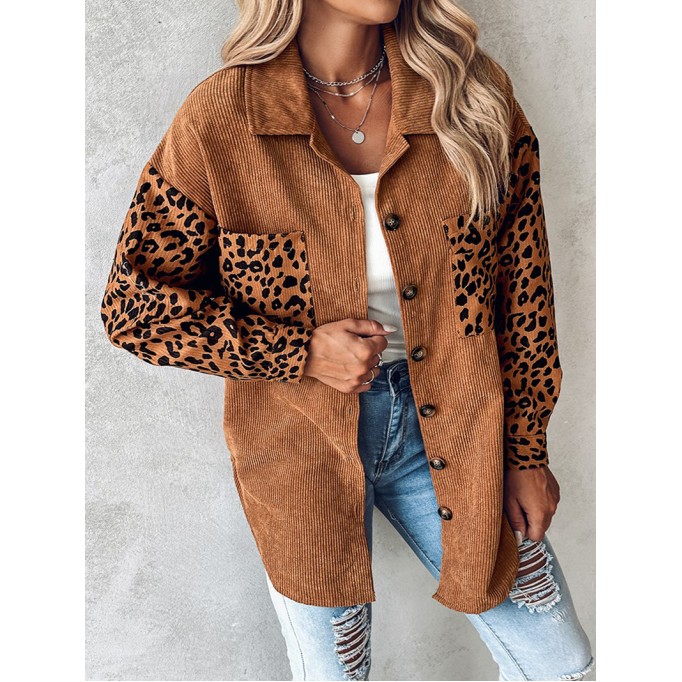 Casual leopard print patchwork corduroy jacket