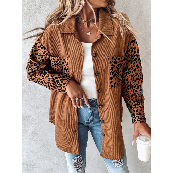 Casual leopard print patchwork corduroy jacket