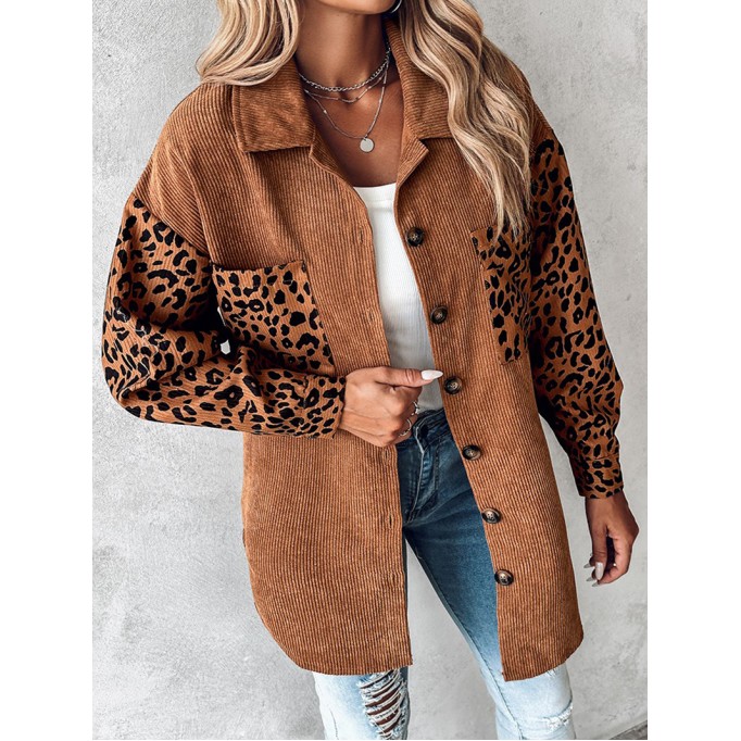 Casual leopard print patchwork corduroy jacket