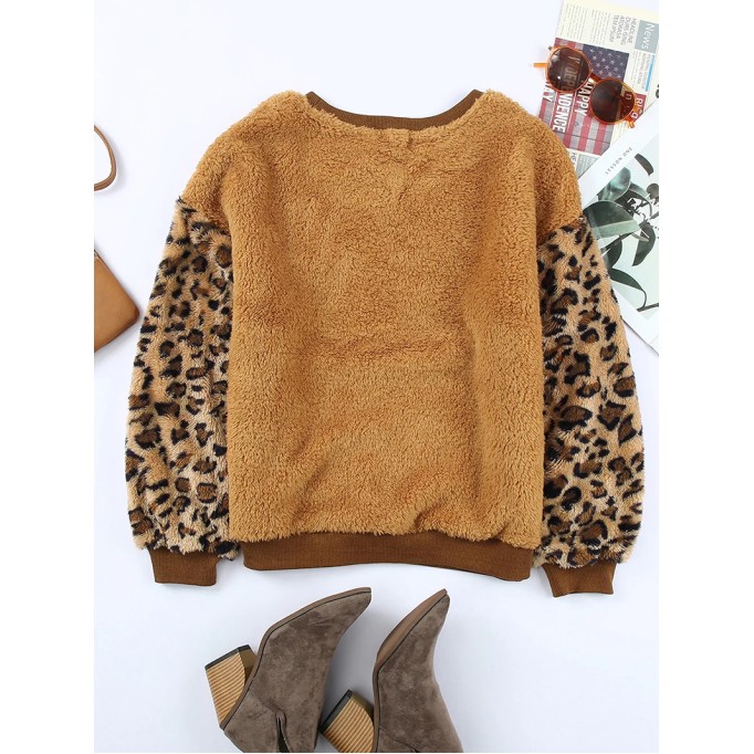 Casual leopard print patchwork plush sweatshirt
