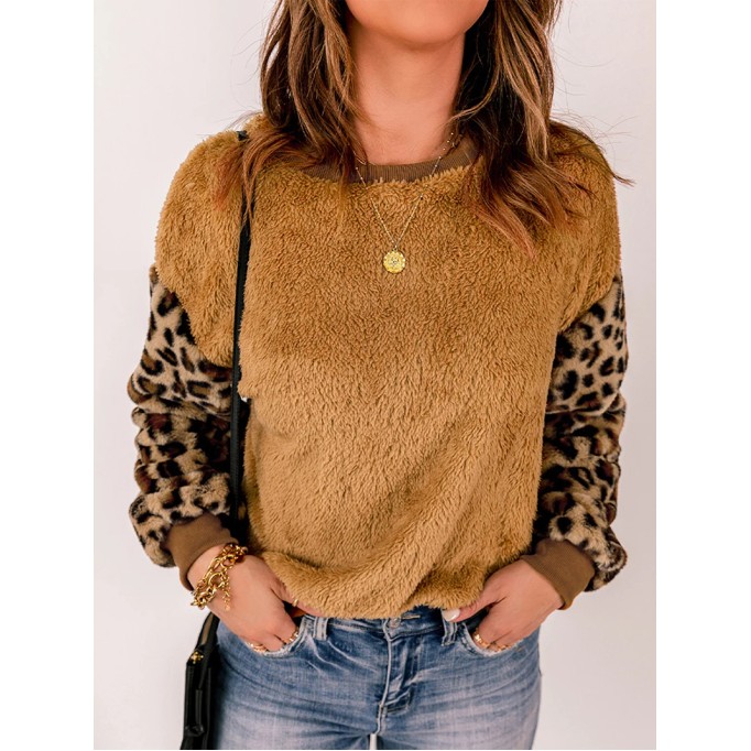 Casual leopard print patchwork plush sweatshirt