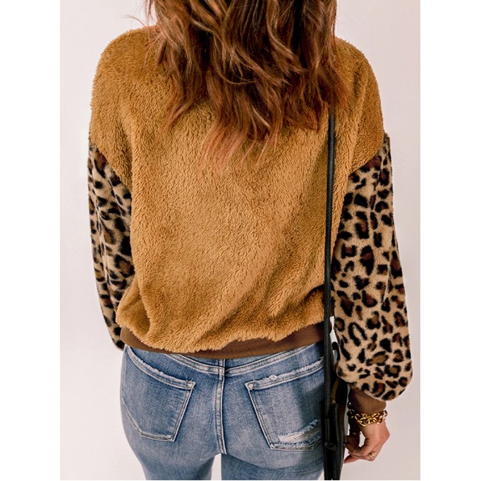 Casual leopard print patchwork plush sweatshirt