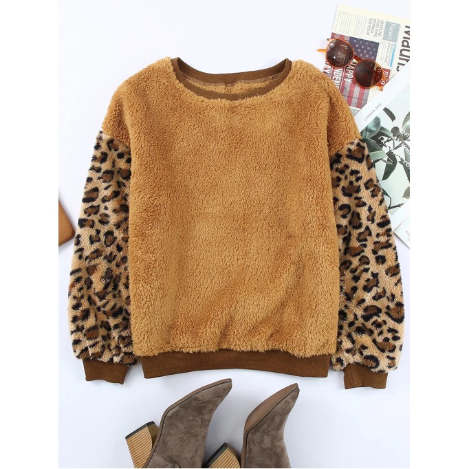 Casual leopard print patchwork plush sweatshirt