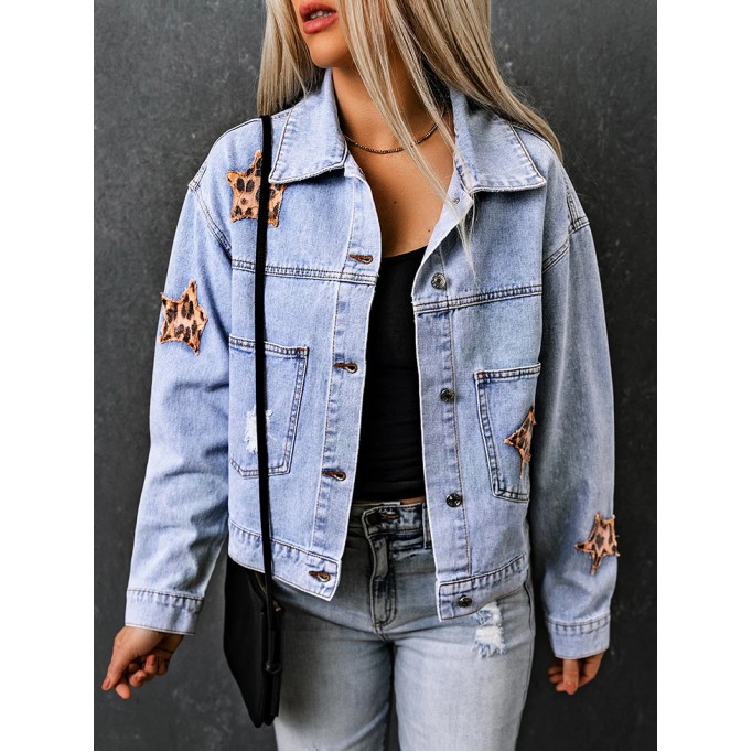 Casual leopard print star patchwork denim jacket