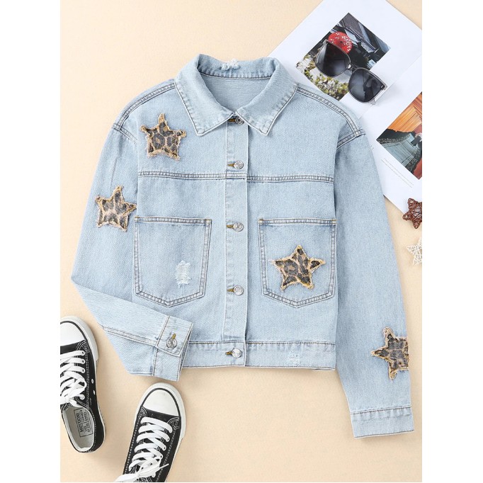 Casual leopard print star patchwork denim jacket