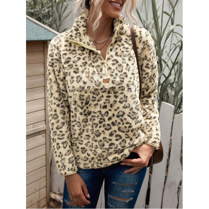 casual leopard print zipper sweatshirt