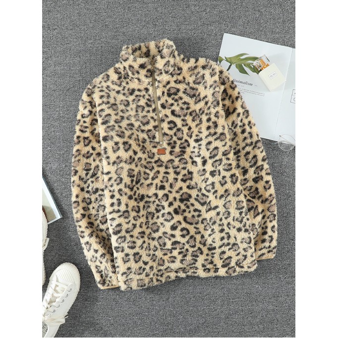casual leopard print zipper sweatshirt